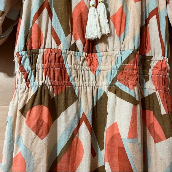 THML | NWT Mia Midi Dress Tie Neck Smocked Tiered Popover Geometric Print Size S - Picture 9 of 14